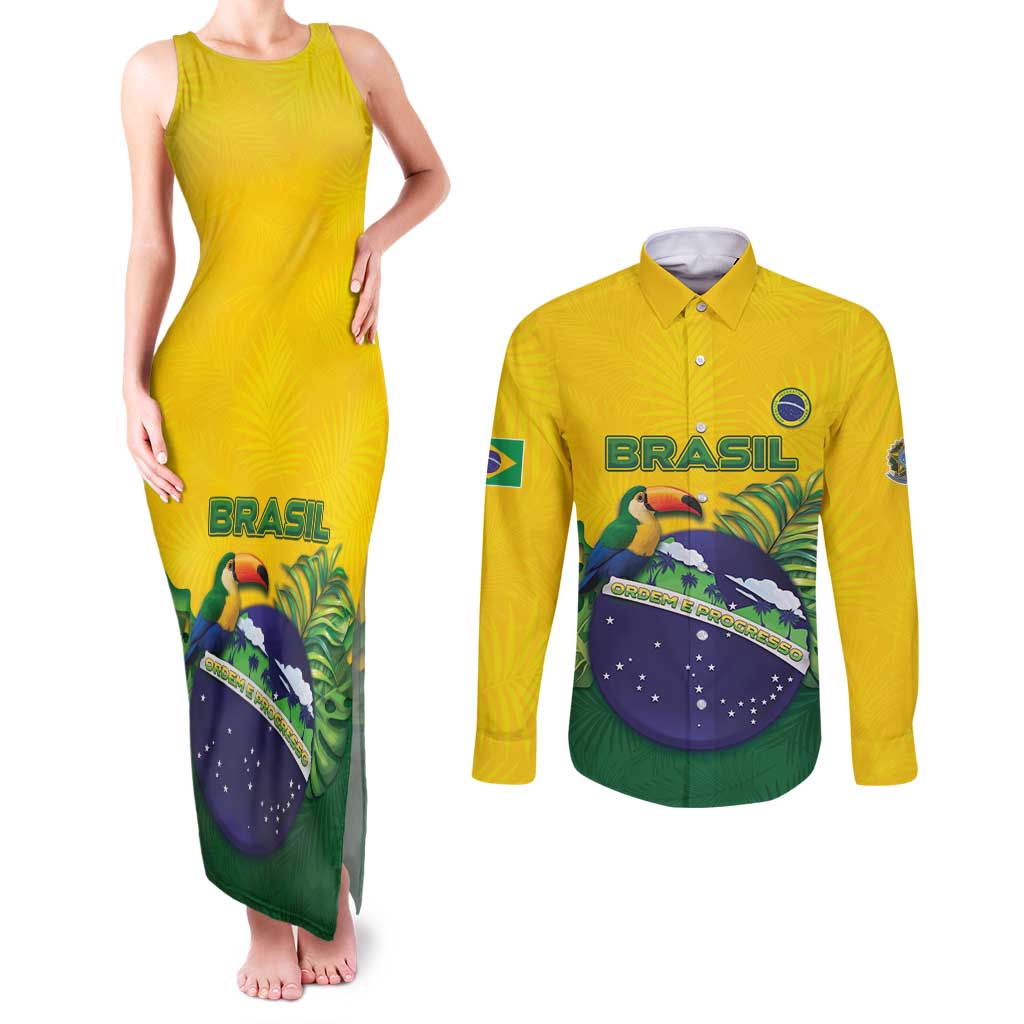 Personalized Brazil Couples Matching Tank Maxi Dress and Long Sleeve Button Shirt Toco Toucan Tropical Vibes - Wonder Print Shop