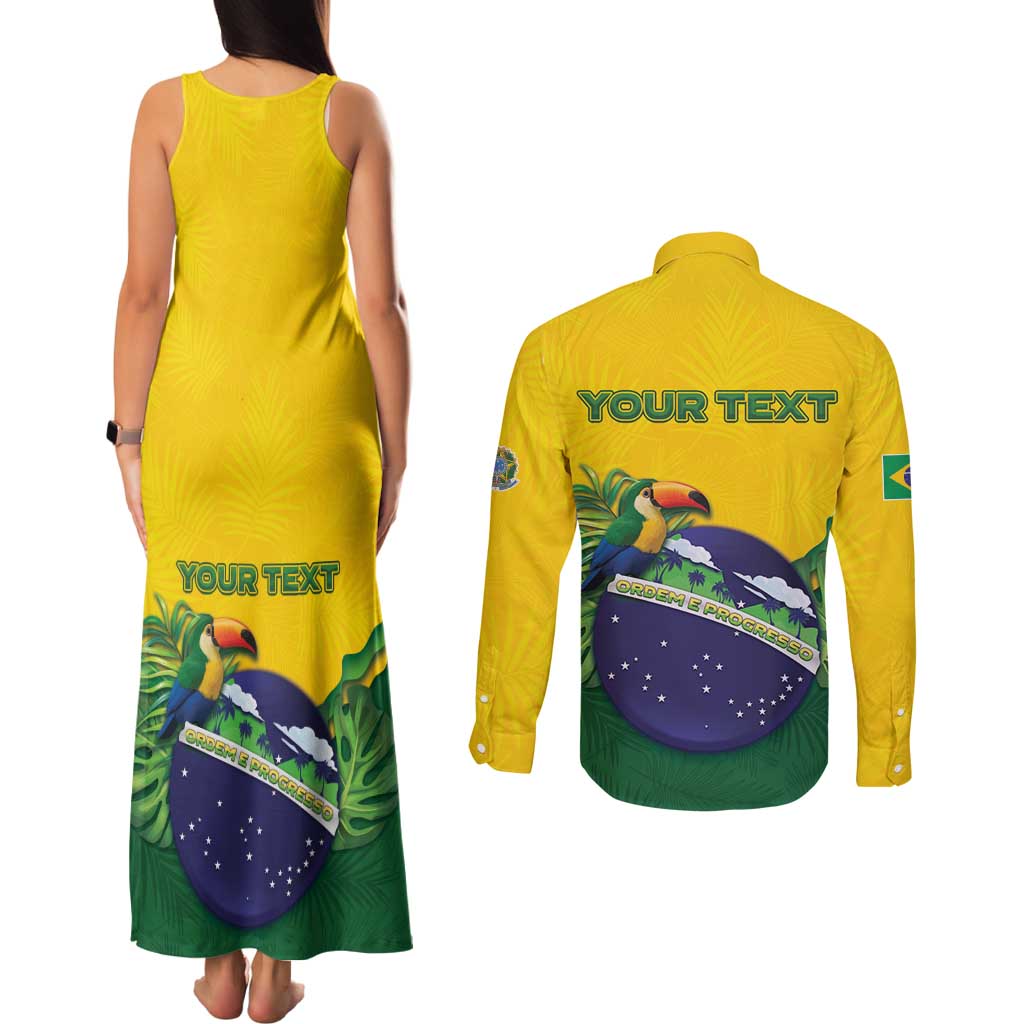 Personalized Brazil Couples Matching Tank Maxi Dress and Long Sleeve Button Shirt Toco Toucan Tropical Vibes - Wonder Print Shop