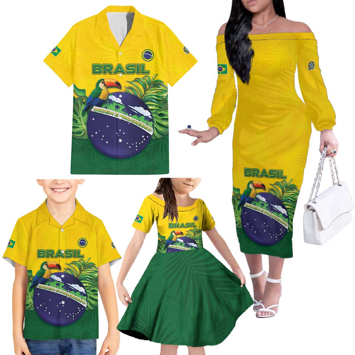 Personalized Brazil Family Matching Off The Shoulder Long Sleeve Dress and Hawaiian Shirt Toco Toucan Tropical Vibes - Wonder Print Shop
