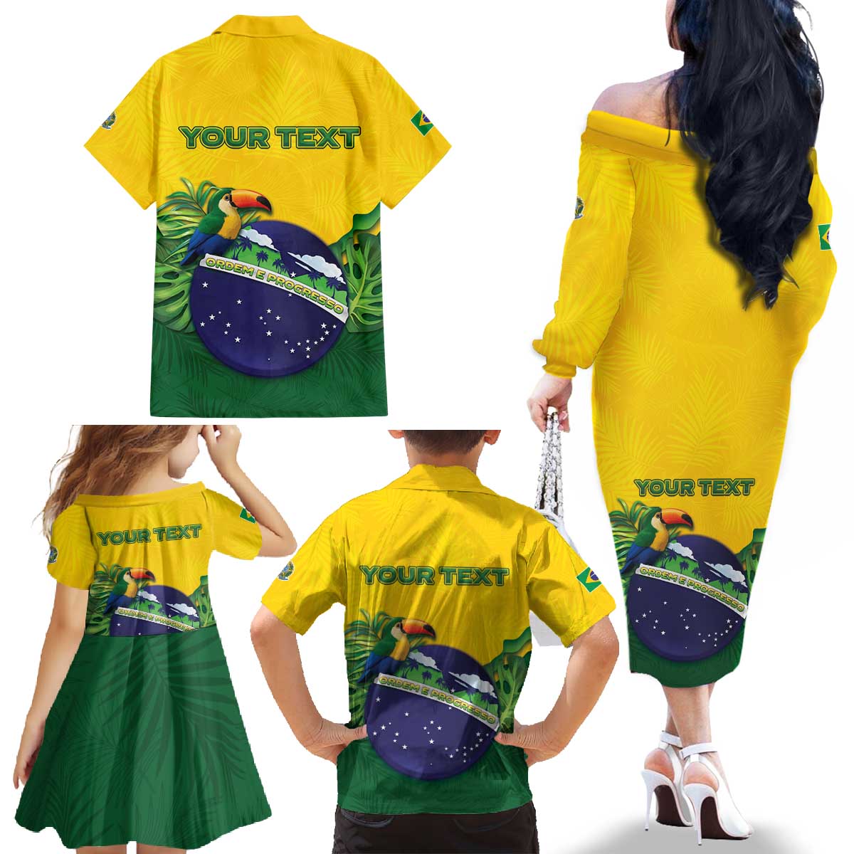 Personalized Brazil Family Matching Off The Shoulder Long Sleeve Dress and Hawaiian Shirt Toco Toucan Tropical Vibes - Wonder Print Shop