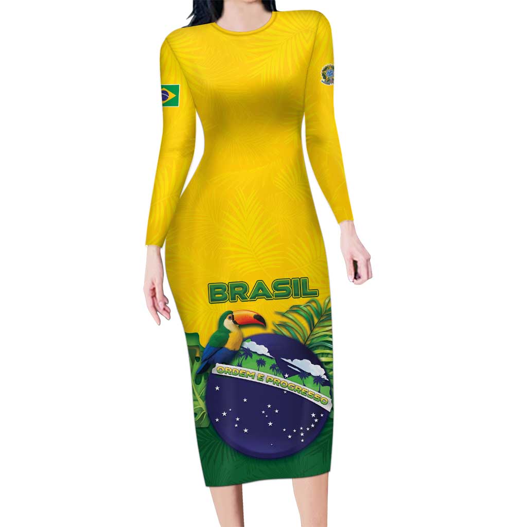 Personalized Brazil Long Sleeve Bodycon Dress Toco Toucan Tropical Vibes - Wonder Print Shop
