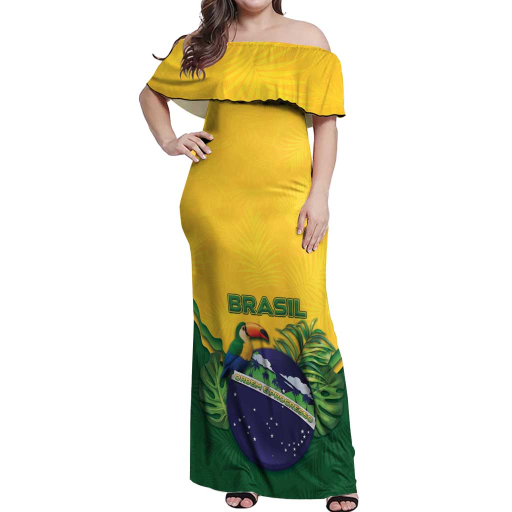 Personalized Brazil Off Shoulder Maxi Dress Toco Toucan Tropical Vibes - Wonder Print Shop