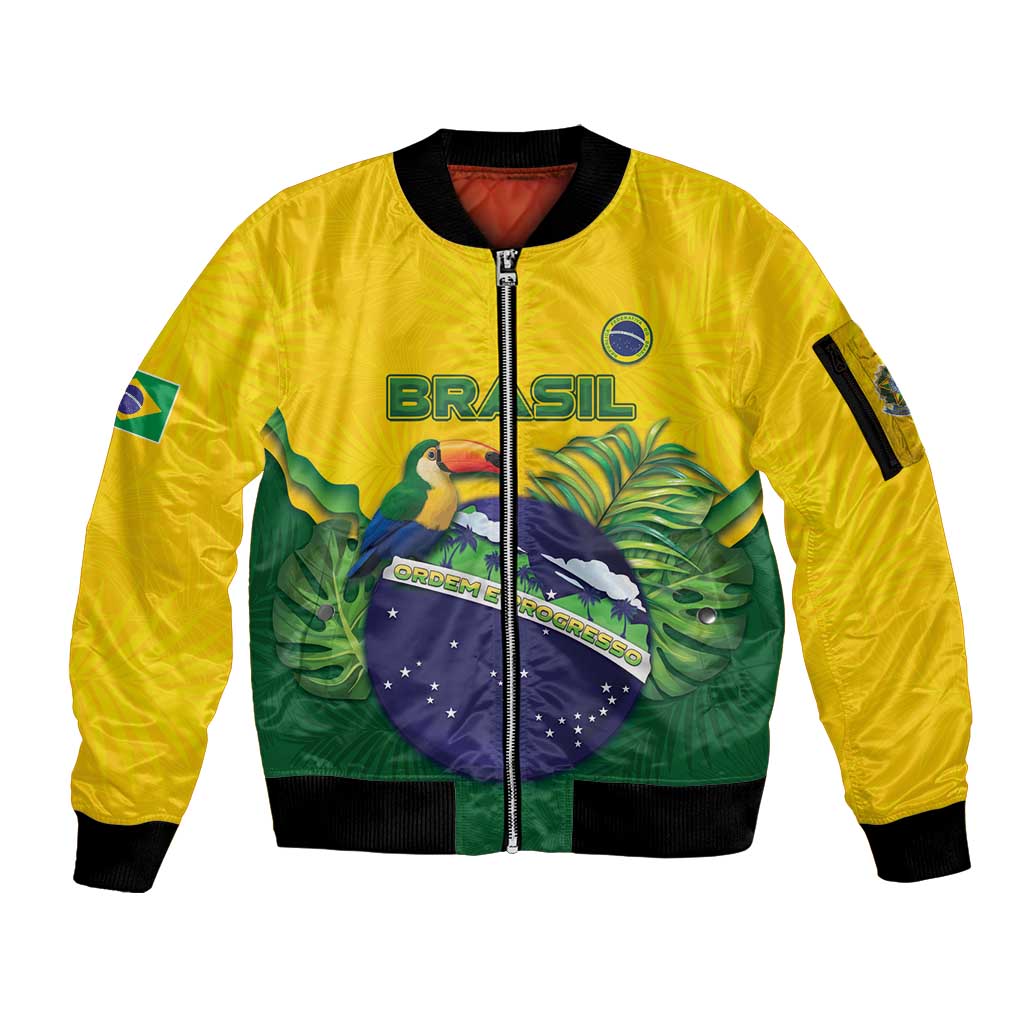 Personalized Brazil Sleeve Zip Bomber Jacket Toco Toucan Tropical Vibes - Wonder Print Shop