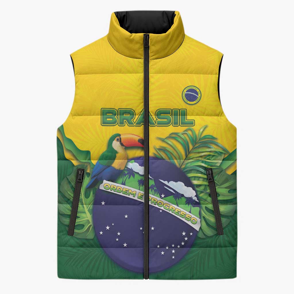 Personalized Brazil Sleeveless Puffer Jacket Toco Toucan Tropical Vibes - Wonder Print Shop
