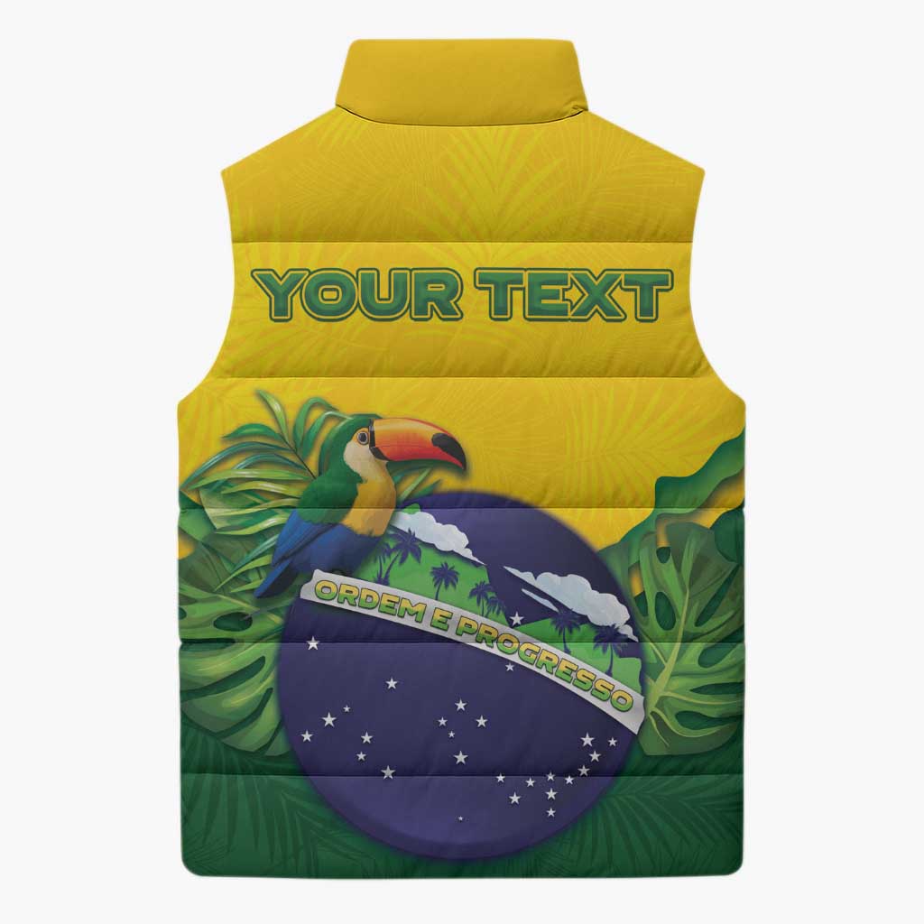 Personalized Brazil Sleeveless Puffer Jacket Toco Toucan Tropical Vibes - Wonder Print Shop