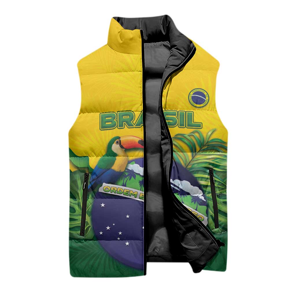 Personalized Brazil Sleeveless Puffer Jacket Toco Toucan Tropical Vibes - Wonder Print Shop