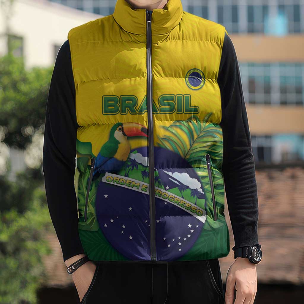 Personalized Brazil Sleeveless Puffer Jacket Toco Toucan Tropical Vibes - Wonder Print Shop