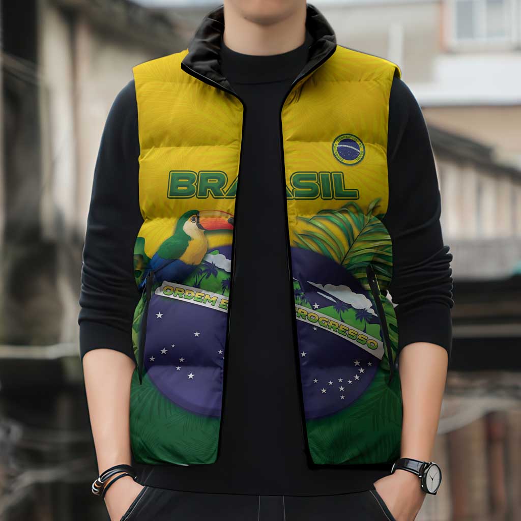 Personalized Brazil Sleeveless Puffer Jacket Toco Toucan Tropical Vibes - Wonder Print Shop