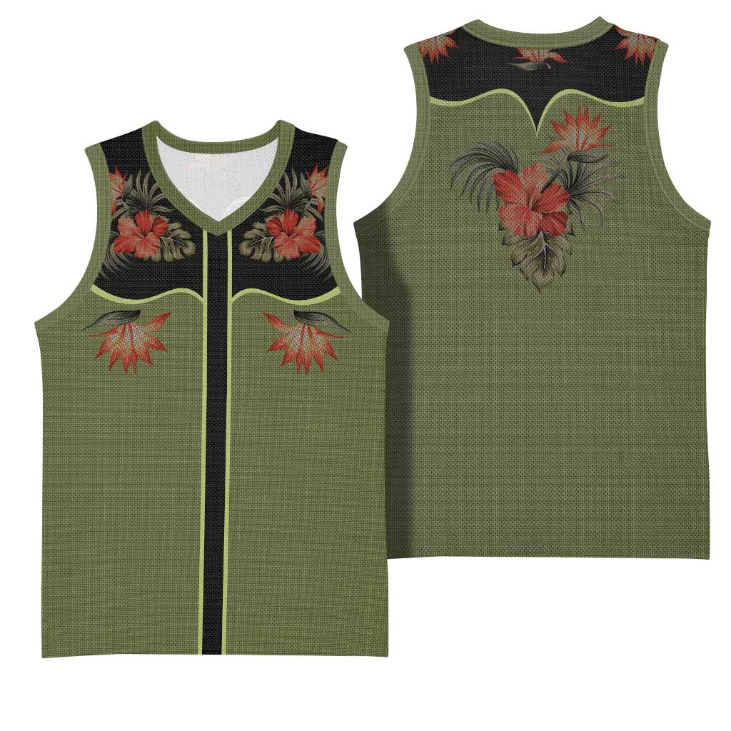 Western Yoke Basketball Jersey Tropical Hibiscus Cowboy Style - Wonder Print Shop