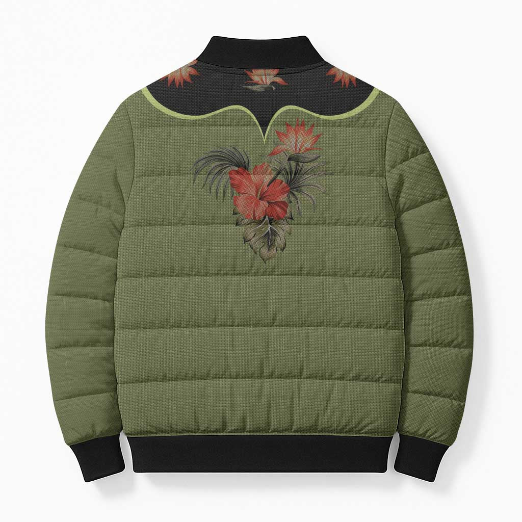 Western Yoke Bomber Puffer Jacket Tropical Hibiscus Cowboy Style - Wonder Print Shop