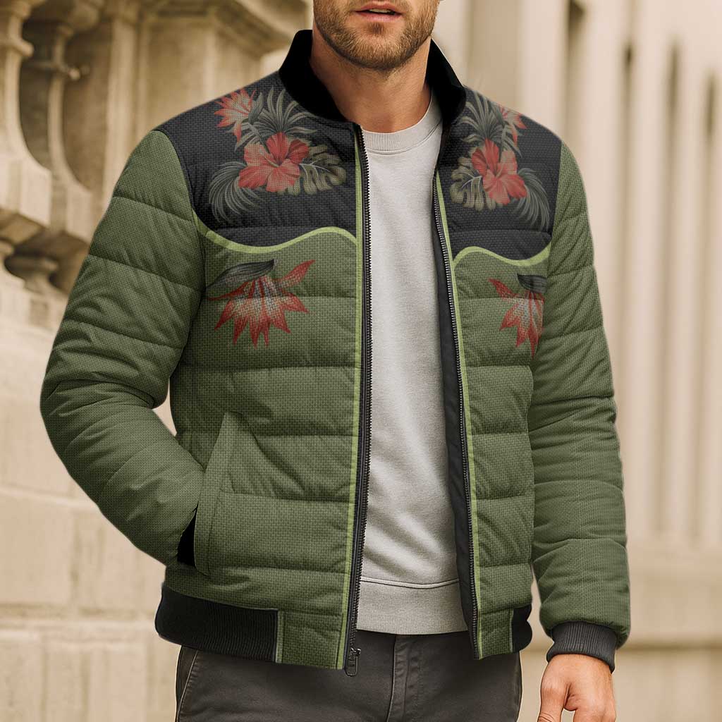 Western Yoke Bomber Puffer Jacket Tropical Hibiscus Cowboy Style - Wonder Print Shop