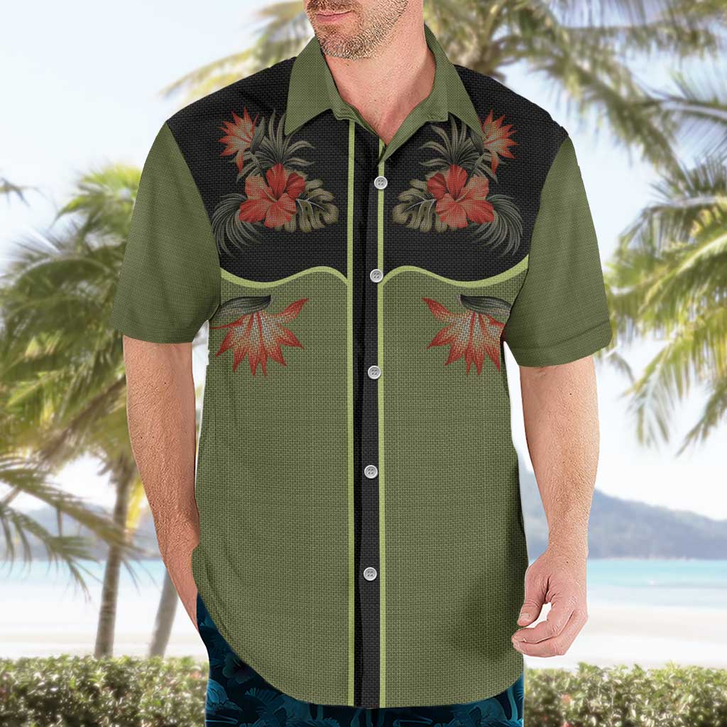Western Yoke Hawaiian Shirt Tropical Hibiscus Cowboy Style - Wonder Print Shop