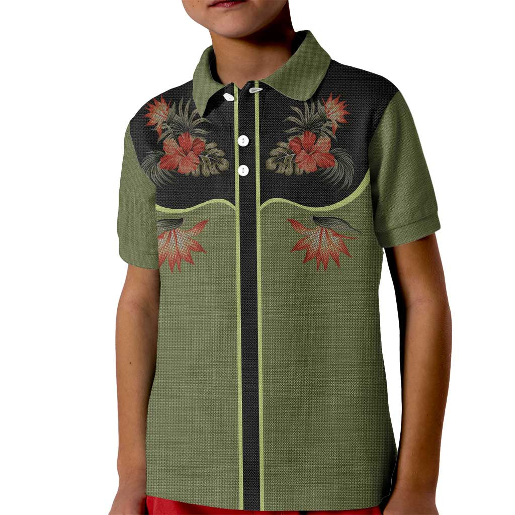 Western Yoke Kid Polo Shirt Tropical Hibiscus Cowboy Style - Wonder Print Shop