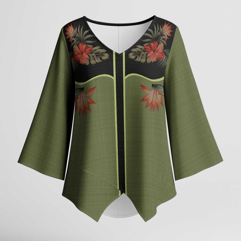 Western Yoke Kimono Sleeve Blouse Tropical Hibiscus Cowboy Style - Wonder Print Shop