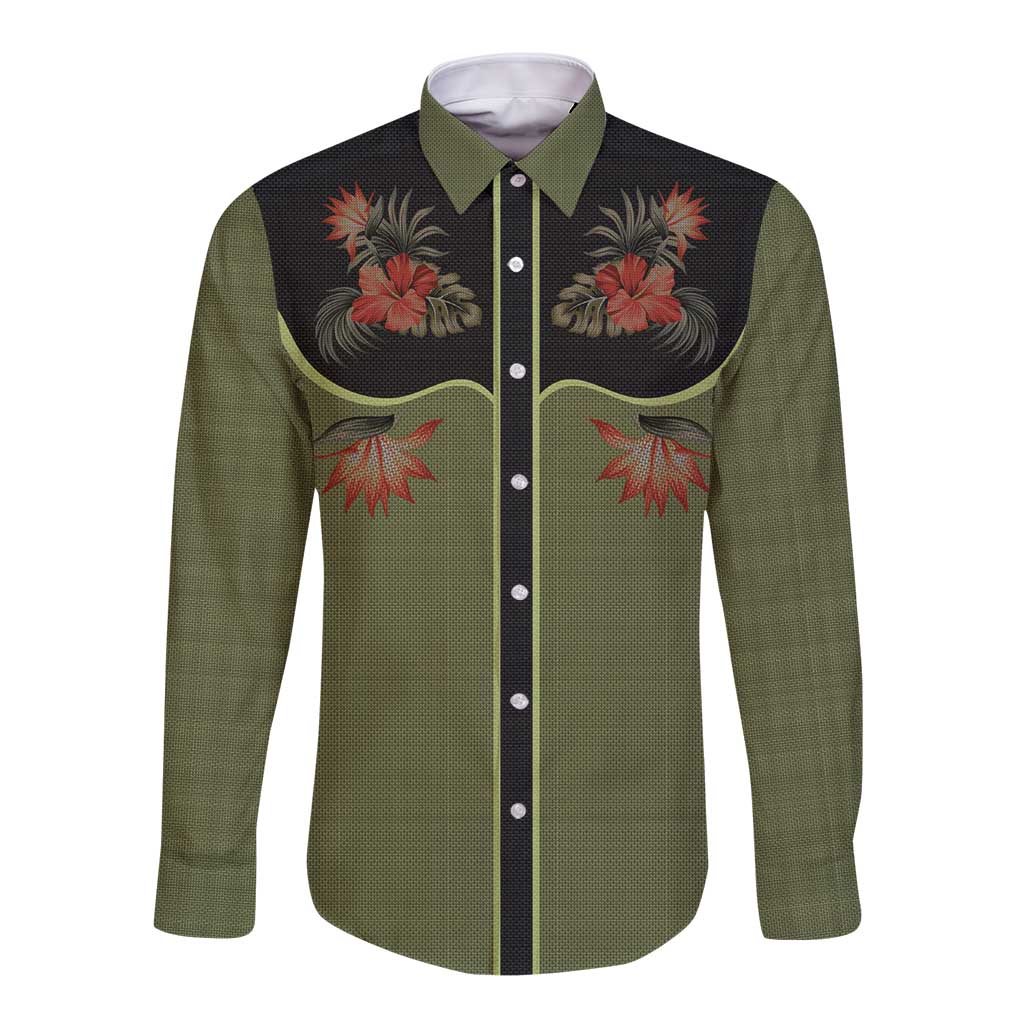 Western Yoke Long Sleeve Button Shirt Tropical Hibiscus Cowboy Style - Wonder Print Shop