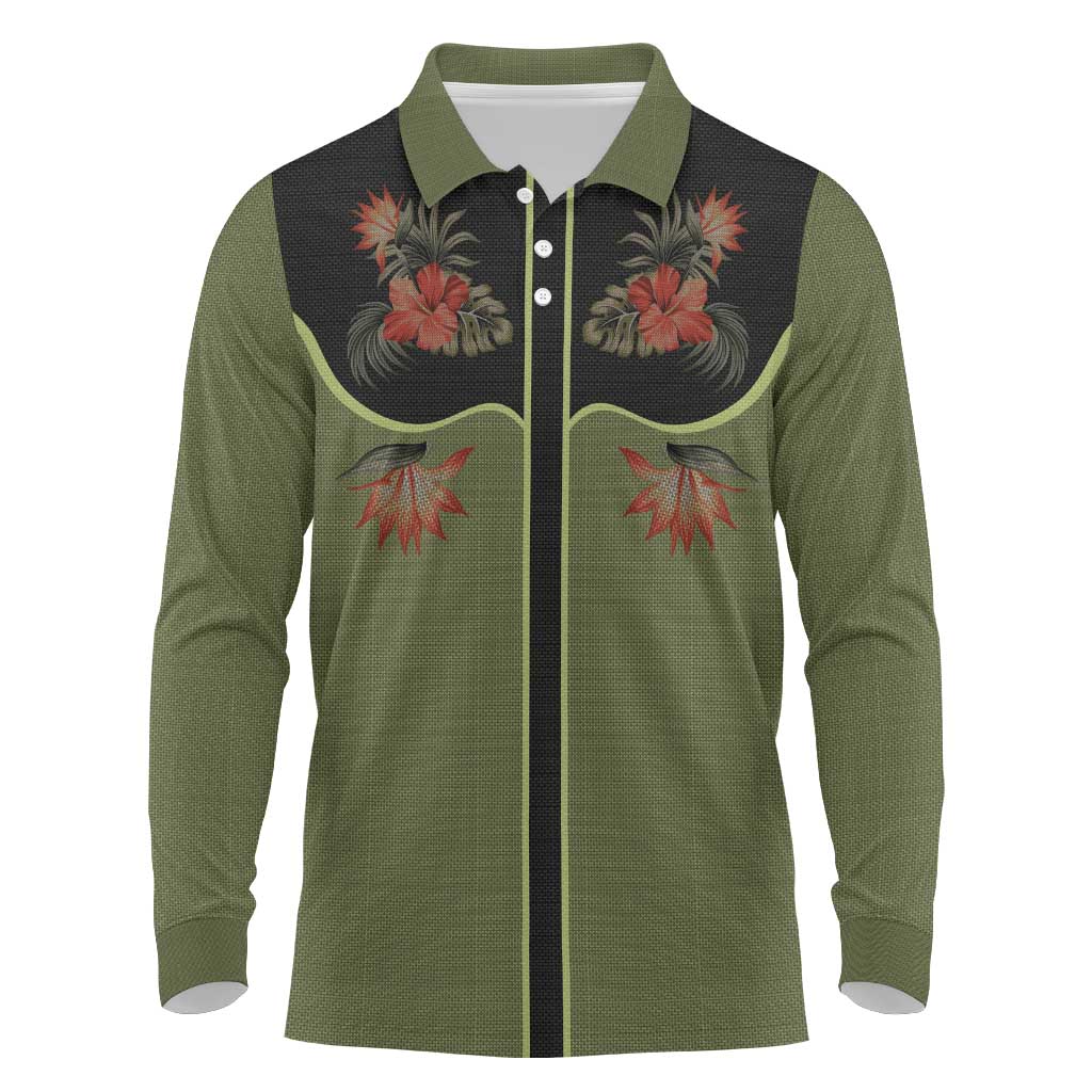 Western Yoke Long Sleeve Polo Shirt Tropical Hibiscus Cowboy Style - Wonder Print Shop