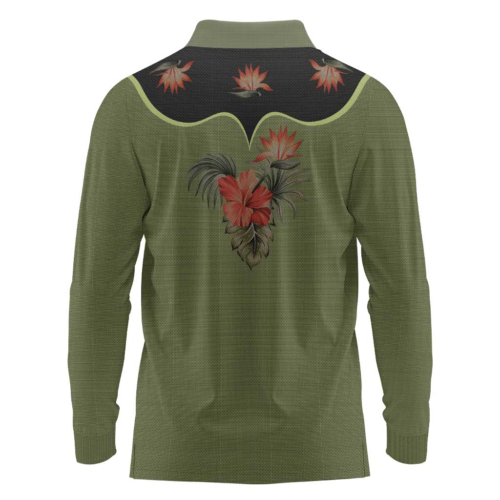 Western Yoke Long Sleeve Polo Shirt Tropical Hibiscus Cowboy Style - Wonder Print Shop