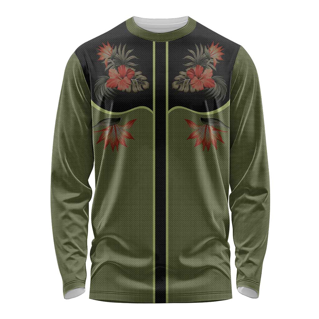 Western Yoke Long Sleeve Shirt Tropical Hibiscus Cowboy Style - Wonder Print Shop