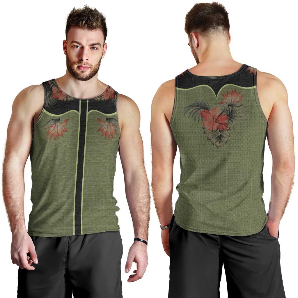 Western Yoke Men Tank Top Tropical Hibiscus Cowboy Style - Wonder Print Shop