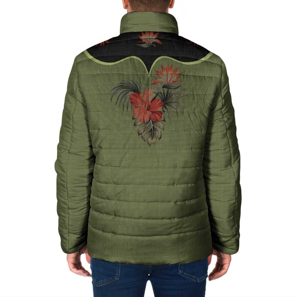 Western Yoke Padded Jacket Tropical Hibiscus Cowboy Style - Wonder Print Shop