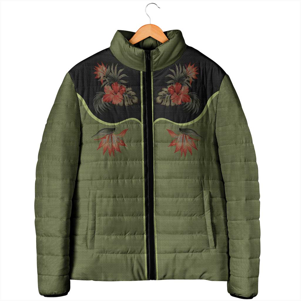 Western Yoke Padded Jacket Tropical Hibiscus Cowboy Style - Wonder Print Shop