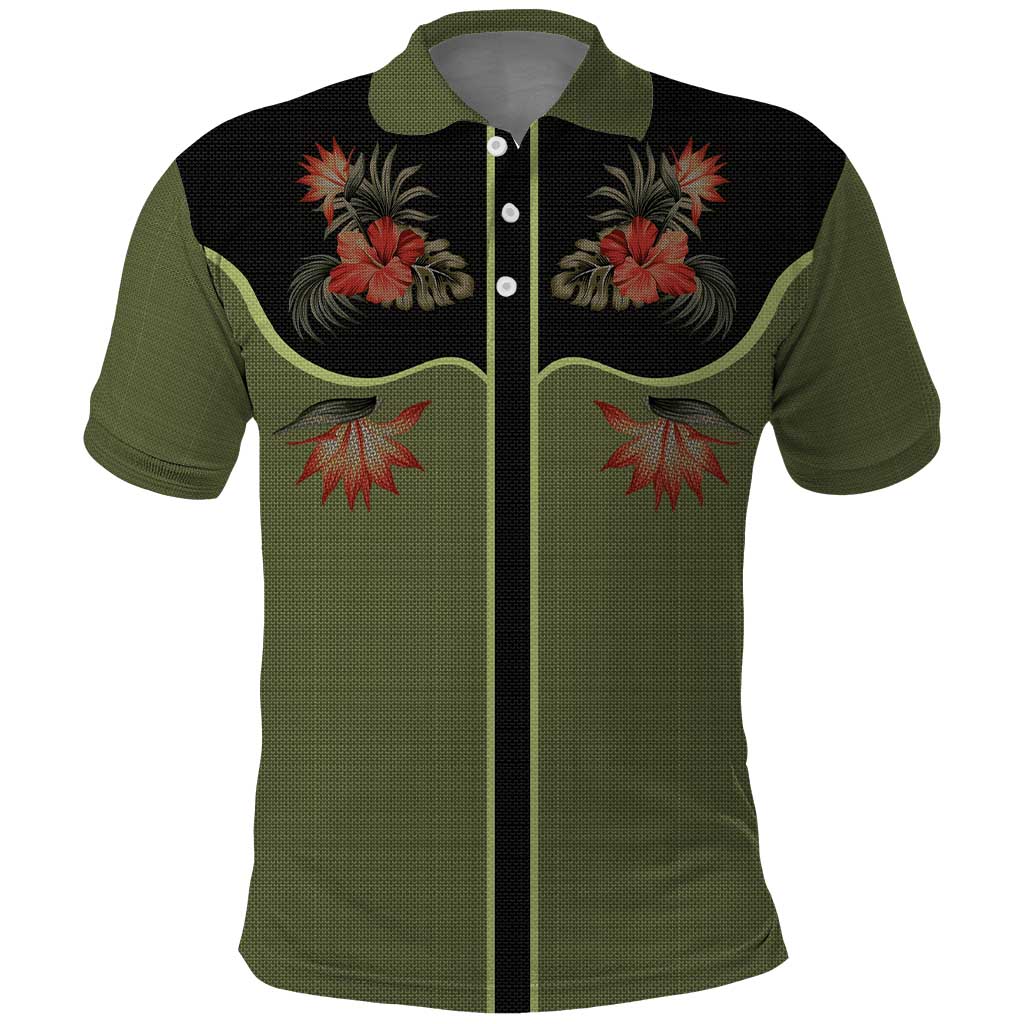Western Yoke Polo Shirt Tropical Hibiscus Cowboy Style - Wonder Print Shop