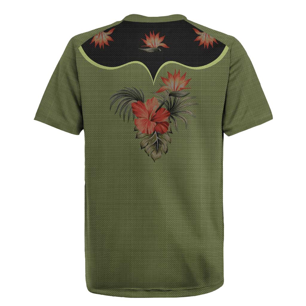 Western Yoke Rugby Jersey Tropical Hibiscus Cowboy Style - Wonder Print Shop