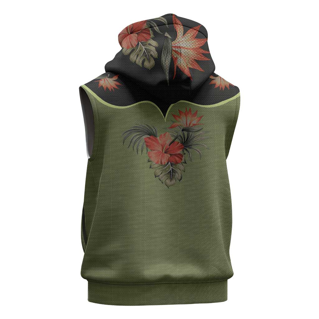 Western Yoke Sleeveless Hoodie Tropical Hibiscus Cowboy Style - Wonder Print Shop