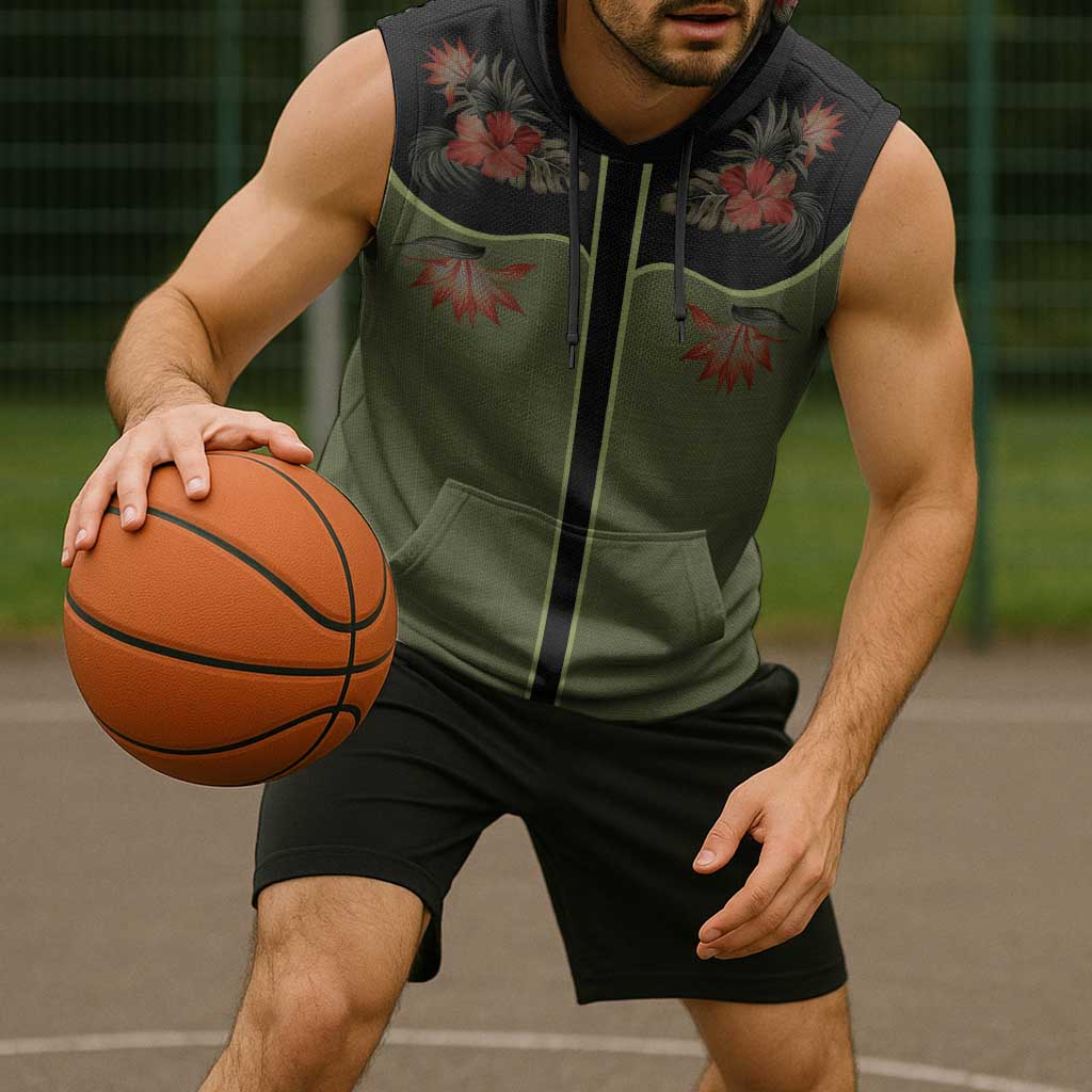 Western Yoke Sleeveless Hoodie Tropical Hibiscus Cowboy Style - Wonder Print Shop