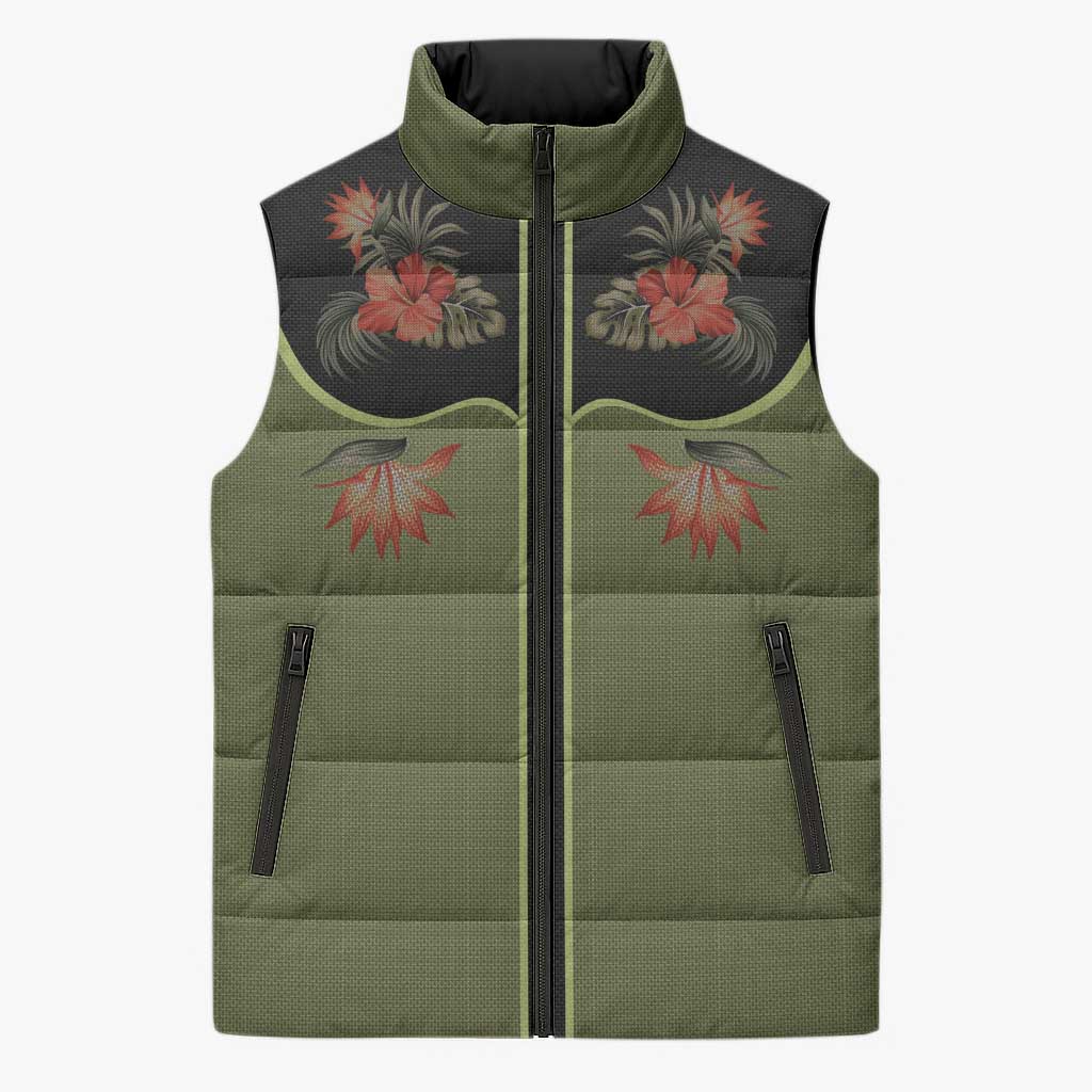 Western Yoke Sleeveless Puffer Jacket Tropical Hibiscus Cowboy Style - Wonder Print Shop
