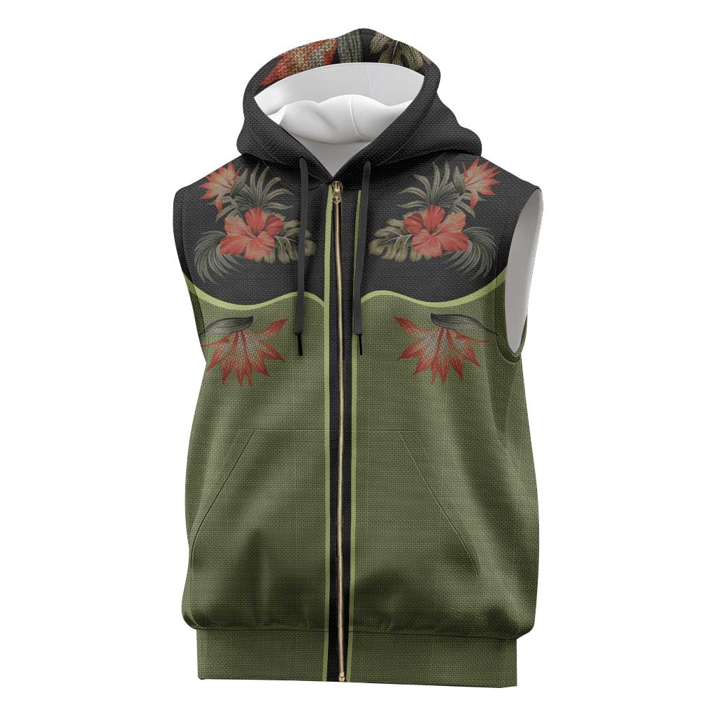 Western Yoke Sleeveless Zip Hoodie Tropical Hibiscus Cowboy Style - Wonder Print Shop