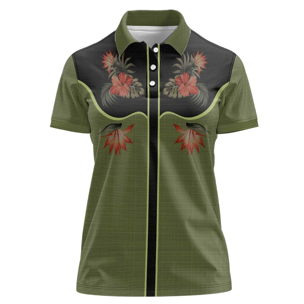 Western Yoke Women Polo Shirt Tropical Hibiscus Cowboy Style - Wonder Print Shop
