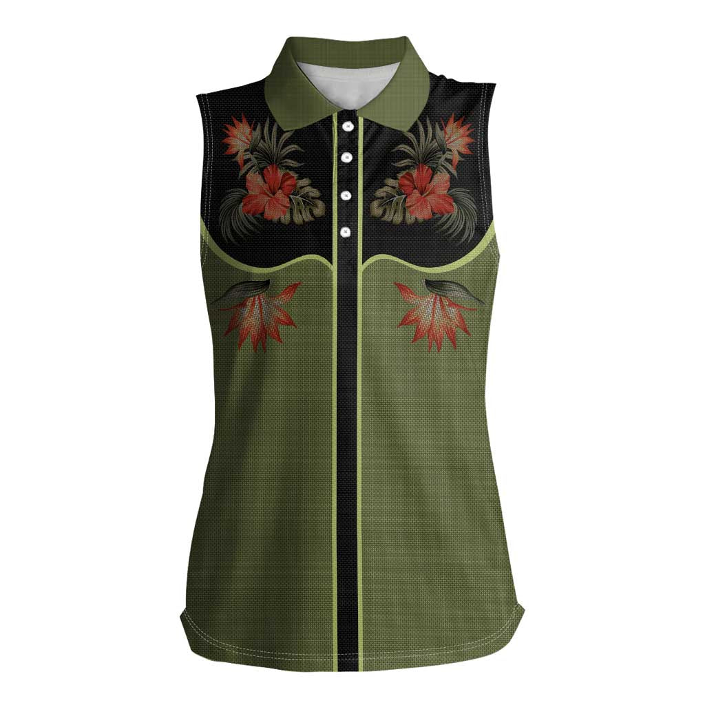 Western Yoke Women Sleeveless Polo Shirt Tropical Hibiscus Cowboy Style - Wonder Print Shop