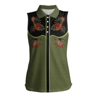 Western Yoke Women Sleeveless Polo Shirt Tropical Hibiscus Cowboy Style - Wonder Print Shop