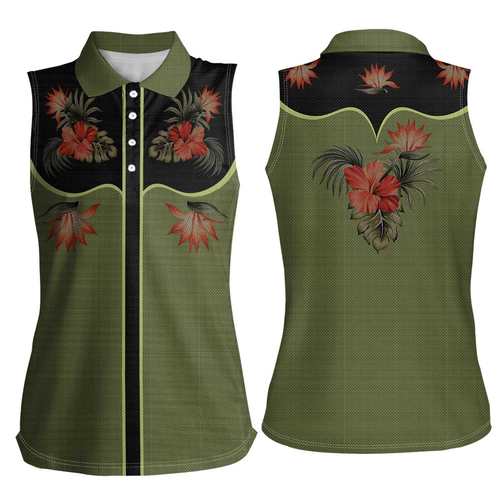 Western Yoke Women Sleeveless Polo Shirt Tropical Hibiscus Cowboy Style - Wonder Print Shop
