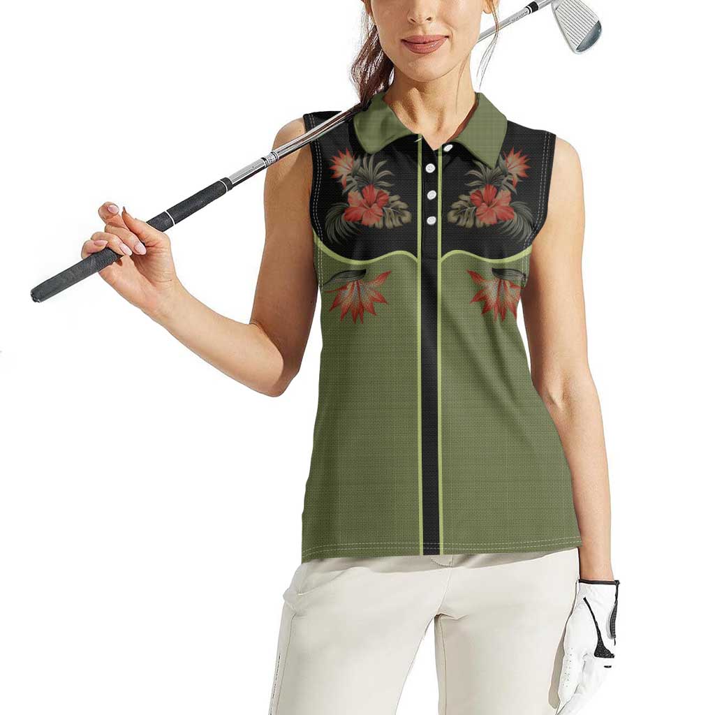 Western Yoke Women Sleeveless Polo Shirt Tropical Hibiscus Cowboy Style - Wonder Print Shop