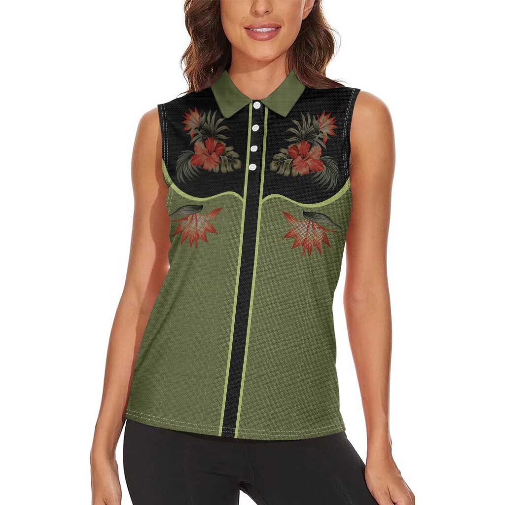 Western Yoke Women Sleeveless Polo Shirt Tropical Hibiscus Cowboy Style - Wonder Print Shop