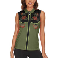 Western Yoke Women Sleeveless Polo Shirt Tropical Hibiscus Cowboy Style - Wonder Print Shop