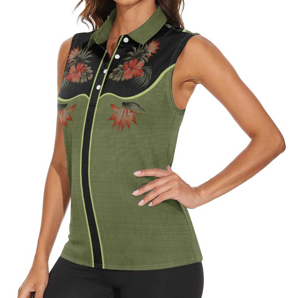 Western Yoke Women Sleeveless Polo Shirt Tropical Hibiscus Cowboy Style - Wonder Print Shop