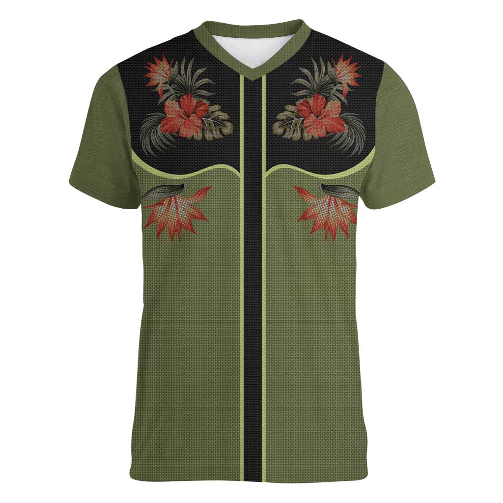 Western Yoke Women V-Neck T-Shirt Tropical Hibiscus Cowboy Style - Wonder Print Shop