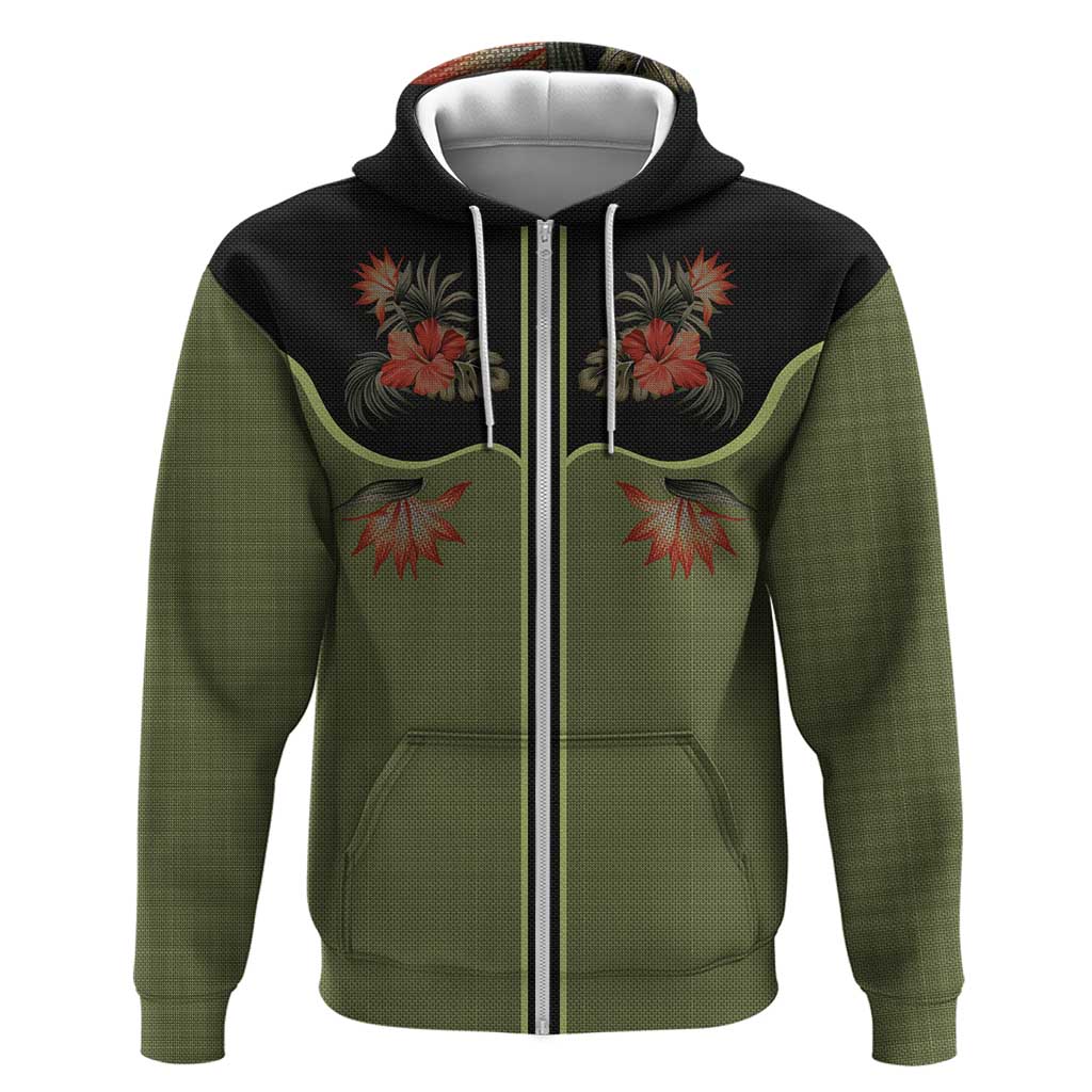 Western Yoke Zip Hoodie Tropical Hibiscus Cowboy Style - Wonder Print Shop