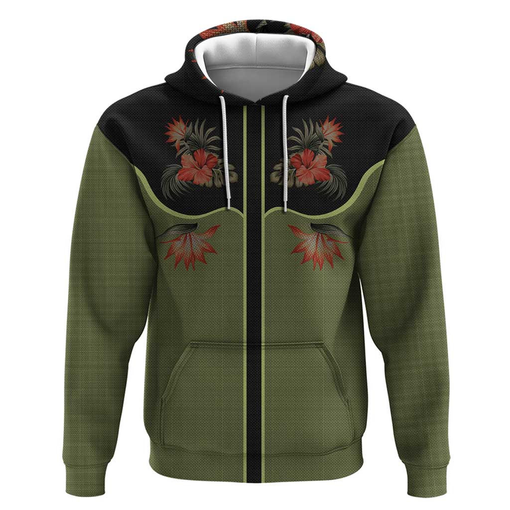 Western Yoke Zip Hoodie Tropical Hibiscus Cowboy Style - Wonder Print Shop