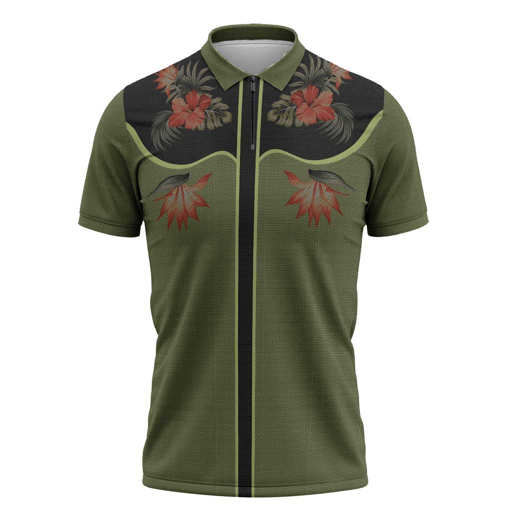 Western Yoke Zipper Polo Shirt Tropical Hibiscus Cowboy Style - Wonder Print Shop