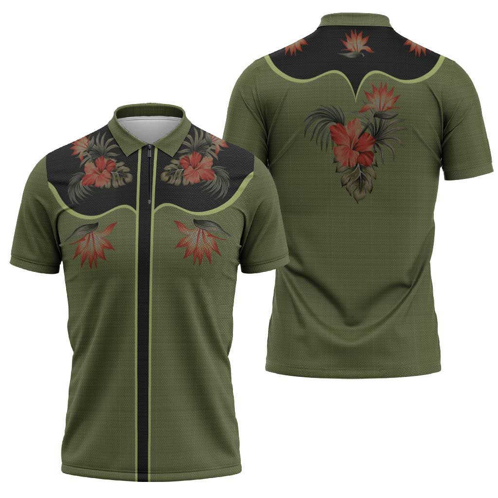 Western Yoke Zipper Polo Shirt Tropical Hibiscus Cowboy Style - Wonder Print Shop