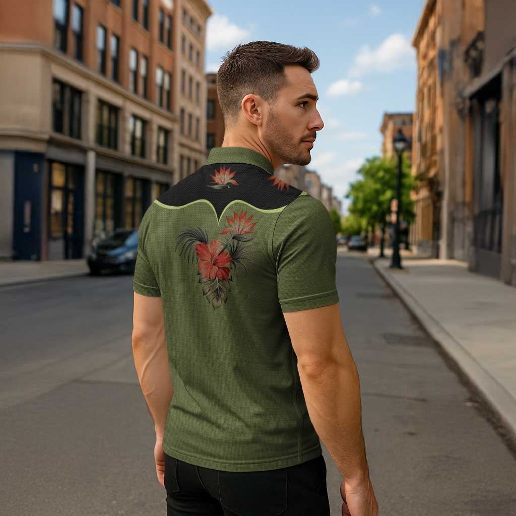 Western Yoke Zipper Polo Shirt Tropical Hibiscus Cowboy Style - Wonder Print Shop