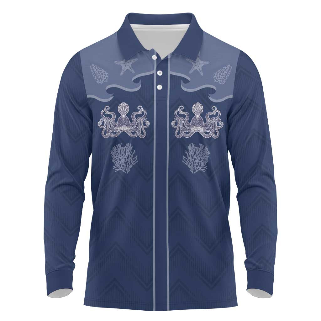 Western Yoke Long Sleeve Polo Shirt Octopus And Coral Cowboy Style - Wonder Print Shop