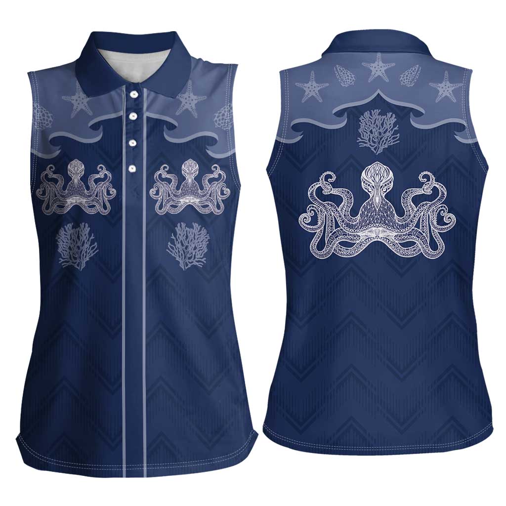 Western Yoke Women Sleeveless Polo Shirt Octopus And Coral Cowboy Style - Wonder Print Shop