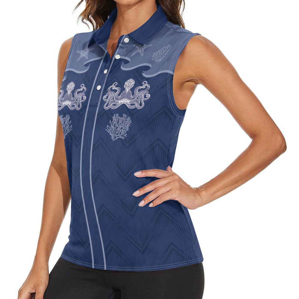 Western Yoke Women Sleeveless Polo Shirt Octopus And Coral Cowboy Style - Wonder Print Shop