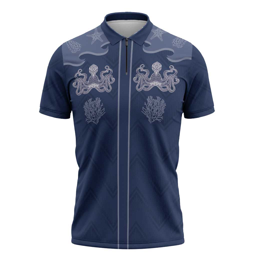 Western Yoke Zipper Polo Shirt Octopus And Coral Cowboy Style - Wonder Print Shop