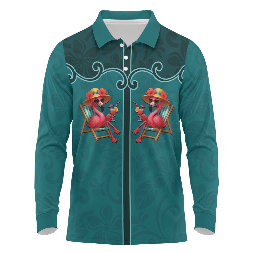 Western Yoke Long Sleeve Polo Shirt Flamingo Relax Cowboy Style - Wonder Print Shop